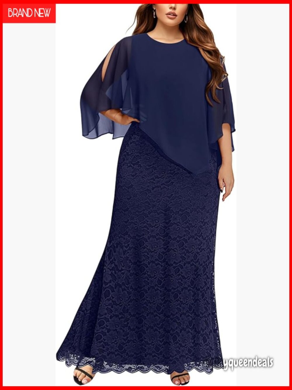 Plus Size Cape Dress with Chiffon Overlay Mermaid Gown Formal Evening Lace Long